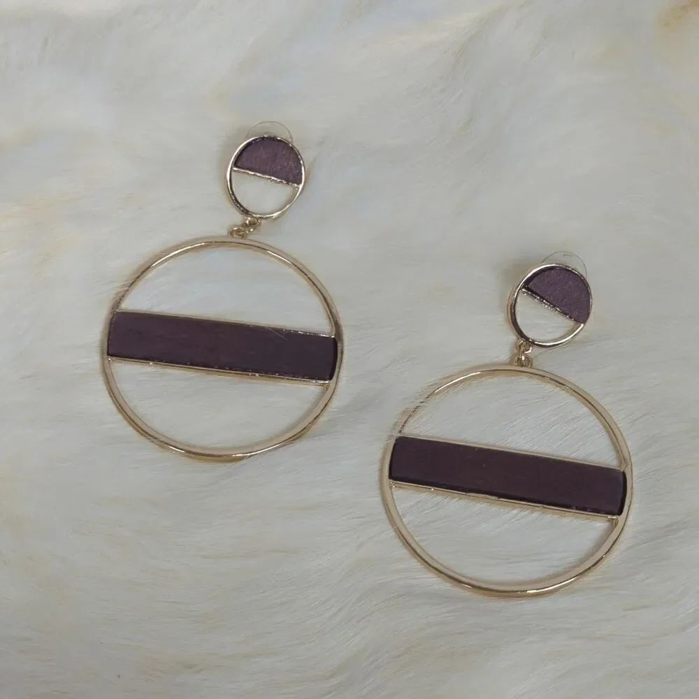 Women’s Gold Tone & Wood Circle Hoop Earrings Statement Handmade